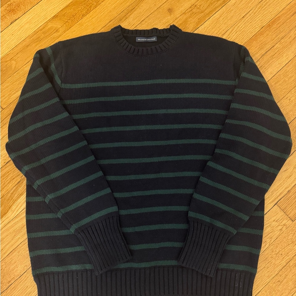Brandy Melville Navy and Green Striped Sweater